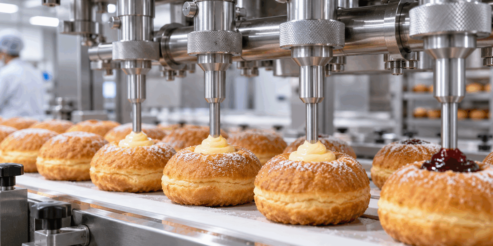 Aghi farcitura alimentari in acciaio inox Aghi per farcitura alimentare in acciaio inox su linea industriale per il riempimento di dolci con creme e marmellate
