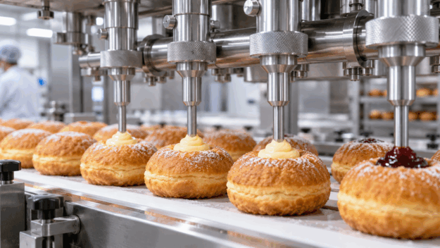Aghi farcitura alimentari in acciaio inox Aghi per farcitura alimentare in acciaio inox su linea industriale per il riempimento di dolci con creme e marmellate